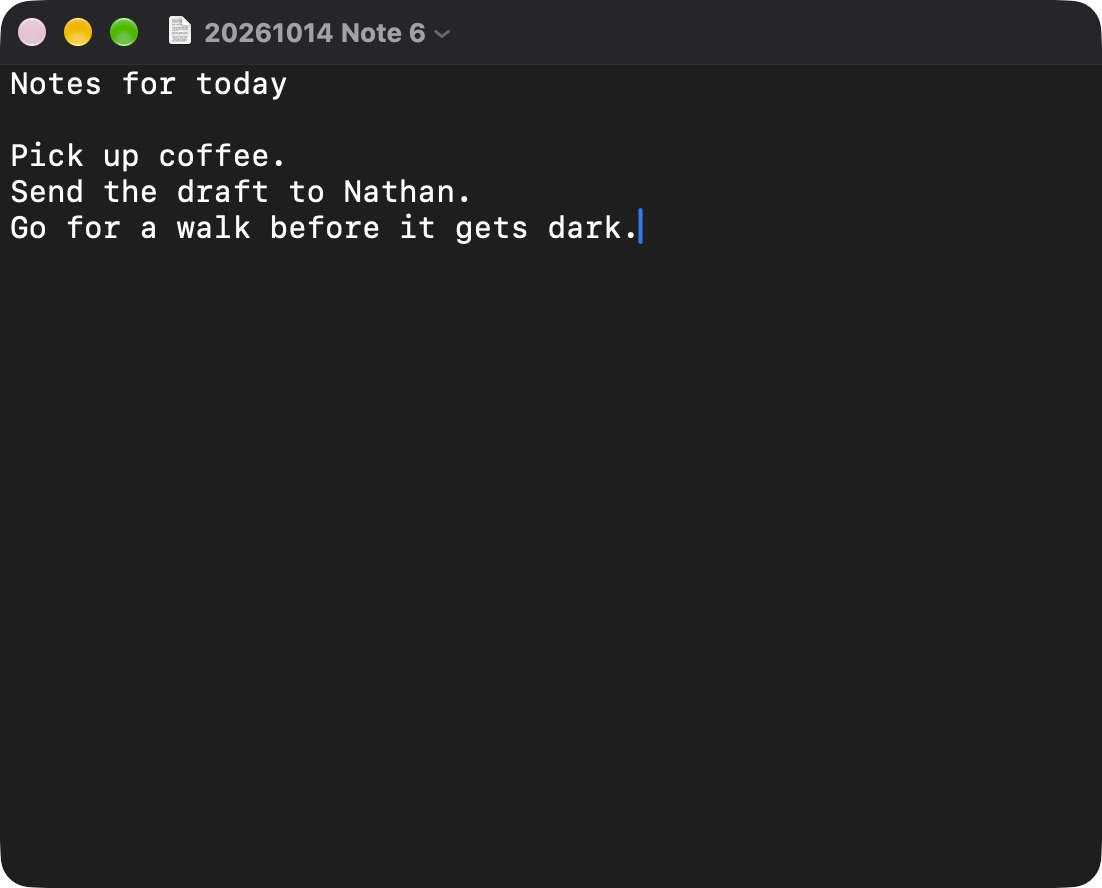 Kept Kept on Mac, with a date-named note saved to Desktop.